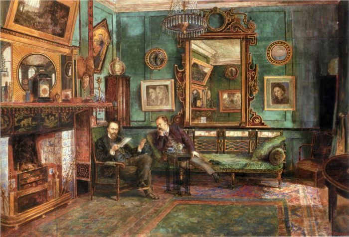 Henry Treffry Dunn, Rossetti reading proofs of Ballads and Sonnets at 16 Cheyne Walk, London, gouache and watercolor, 21.3" x 32.2", 1882